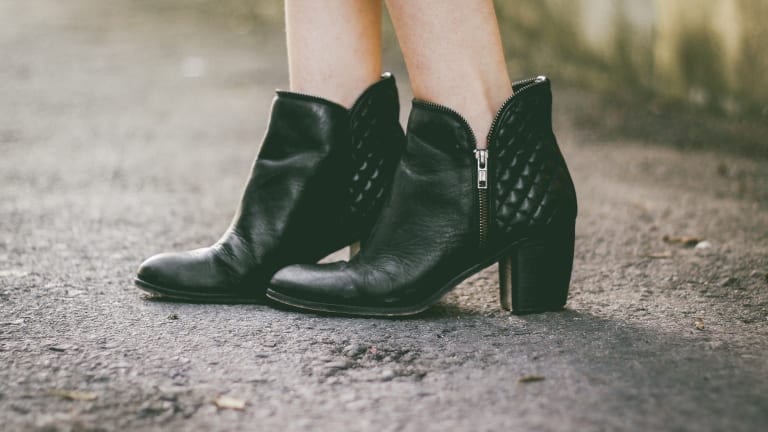 black dress with grey ankle boots