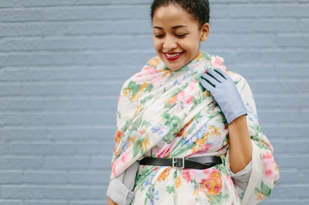 1. Scarf, Anthropologie, $78 (similar) / 2. Skirt, ModCloth, $70 (similar) / 3. Belt, Gap, $30 / 4. Bag, Express, $42 / 5. Booties, Charlotte Russe, $25 (similar) / 6. Gloves, & Other Stories, $85