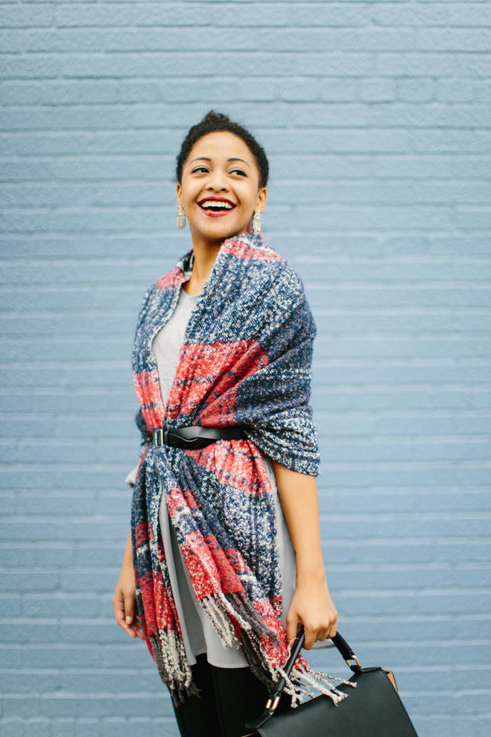 1. Scarf, Oasis, $35 / 2. Bag, Express, $42 / 3. Pants, Gap, $49 / 4. Belt, Gap, $30