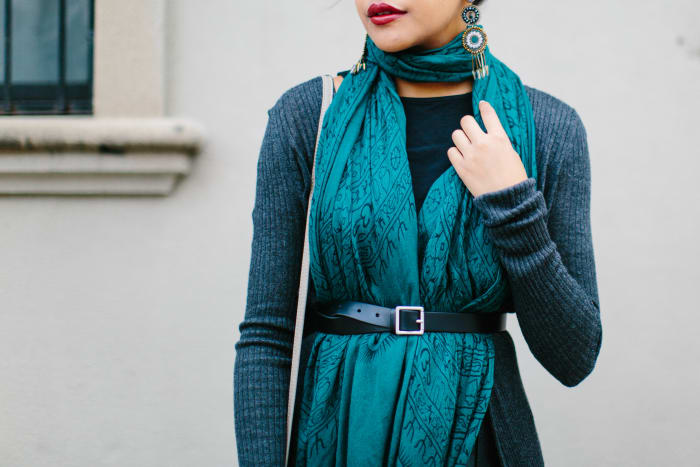 1. Scarf, World Market, $6 (similar) / 2. Purse, Oasis, $45 (similar) / 3. Cardigan, Express, $36 / 4. Belt, Gap, $30 / 5. Earrings, Topshop, $22 (similar) / 6. Skirt, Oasis, $130 (similar)