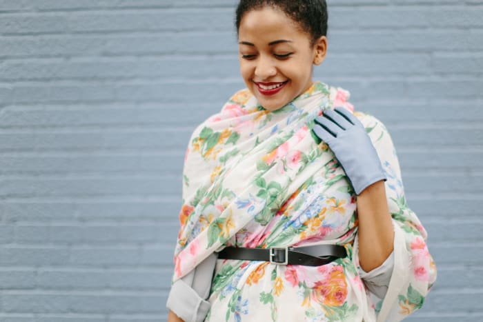 1. Scarf, Anthropologie, $78 (similar) / 2. Skirt, ModCloth, $70 (similar) / 3. Belt, Gap, $30 / 4. Bag, Express, $42 / 5. Booties, Charlotte Russe, $25 (similar) / 6. Gloves, & Other Stories, $85