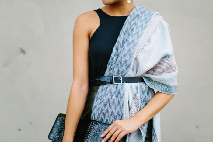 1. Scarf, Express, $50 / 2. Skirt, The Limited, $56 / 3. Belt, Gap, $30 / 4. Clutch, Asos, $47 (similar) / 5. Heels, Go Jane, $19