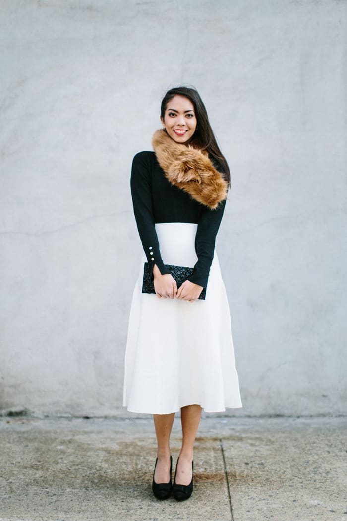 1. Sweater, Zara, $30 / 2. Skirt, Zara, $70 / 3. Scarf, Joe Fresh, $20 / 4. Heels, Asos, $49 (similar) / 5. Clutch, Target, $30