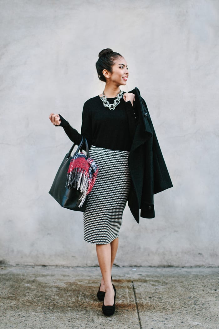 1. Sweater, Zara, $30 / 2. Skirt, Ann Taylor, $89 / 3. Heels, Asos, $49 (similar) / 4. Bag, Zara, $70 / 5. Scarf, Oasis, $35 / 6. Coat, LE3NO, $69 (similar) / 7. Necklace, Bling Jewelry, $60