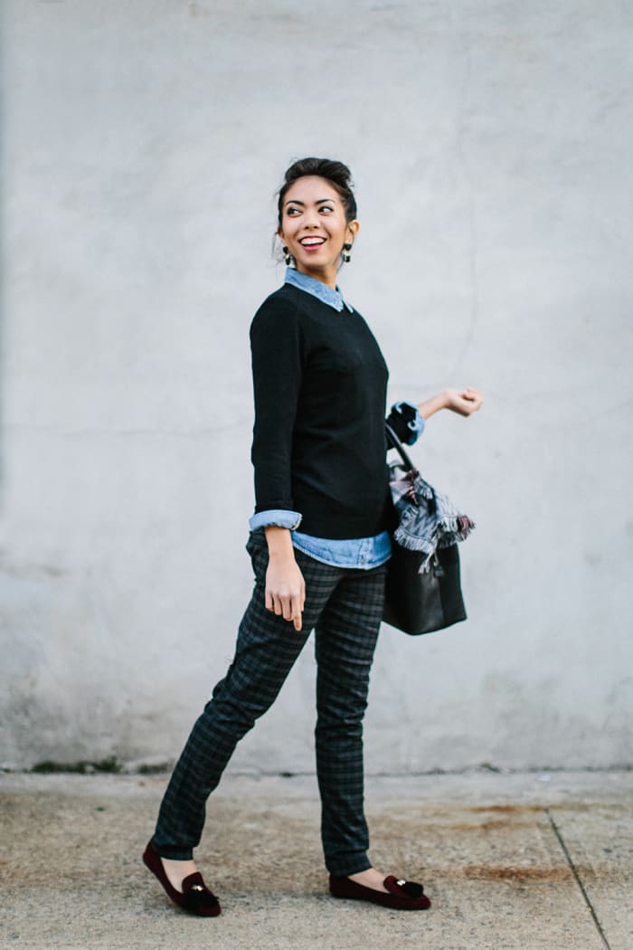 1. Sweater, Zara, $30 / 2. Chambray, Zara, $50 / 3. Bag, Zara, $70 / 4. Pants, Oasis, $74 (similar) / 5. Shoes, Topshop, $40 / 6. Earrings, H&M, $6 / 7. Scarf, Express, $25