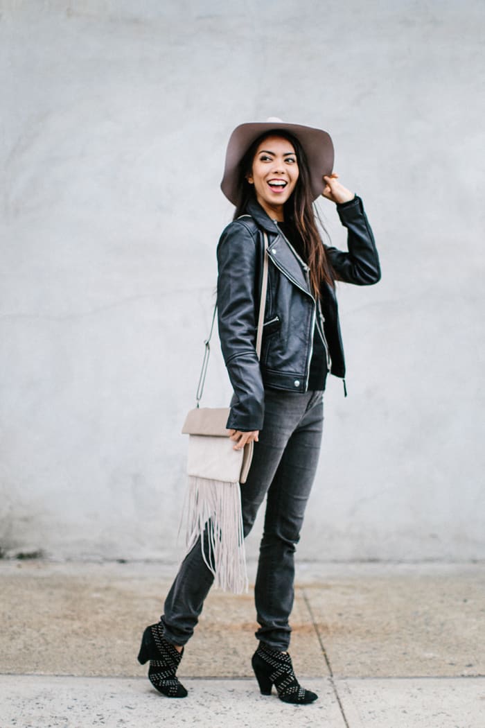 1. Sweater, Zara, $30 / 2. Leather Jacket, Zara, $189 / 3. Jeans, Topshop, $80 (similar) / 4. Bag, Oasis, $45 / 5. Hat, Topshop, $48 / 6. Shoes, Nordstrom, $65 (similar)