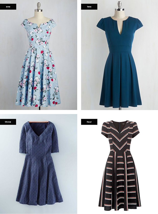 1. ModCloth, $90 / 2. ModCloth, $60 / 3. BodenUSA, $138 / 4. Oasis, $77