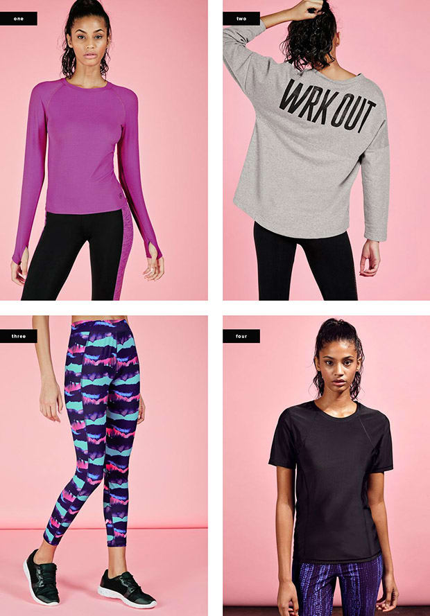 1. Long-Sleeve Top, $25 / 2. Sweatshirt, $25 / 3. Leggings, $27 / 4. T-Shirt, $14