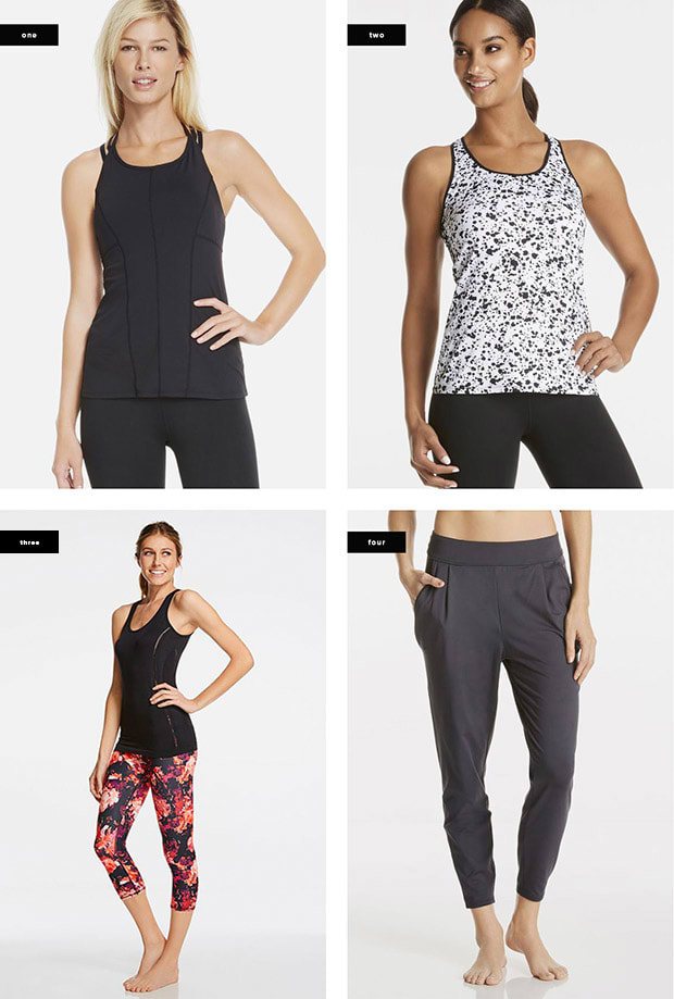 1. Black Tank, $55 / 2. Printed Tank, $40 / 3. Capris, $50 / 4. Pants, $45