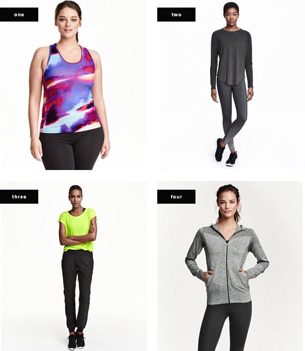 1. Tank, $13 / 2. Tights, $30 / 3. Pants, $30 / 4. Jacket, $40