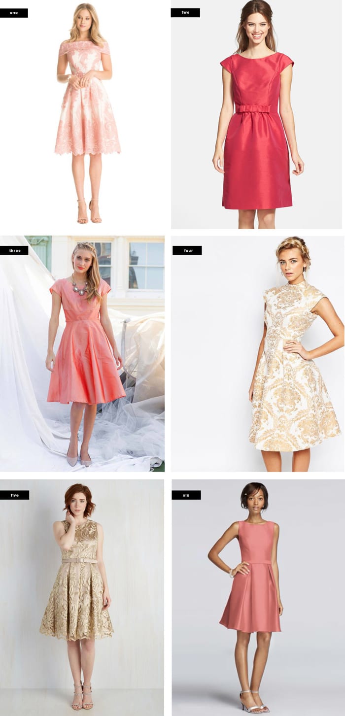 1. Chi Chi London, $123 / 2. Nordstrom, $198 / 3. Shabby Apple, $138 / 4. Asos, $118 / 5. ModCloth, $240 / 6. David's Bridal, $120