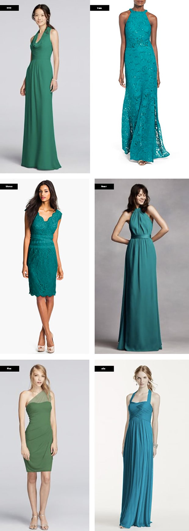 1. David's Bridal, $140 / 2. Nordstrom, $150 / 3. Nordstrom, $238 / 4. David's Bridal, $180 / 5. David's Bridal, $100 / 6. David's Bridal, $140