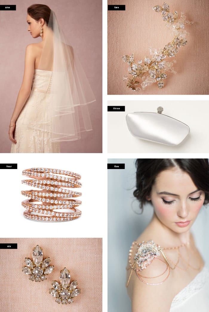 1. BHLDN, $250 / 2. BHLDN, $150 / 3. David’s Bridal, $60 / 4. BaubleBar, $42 / 5. Etsy, $306 / 6. BHLDN, $80