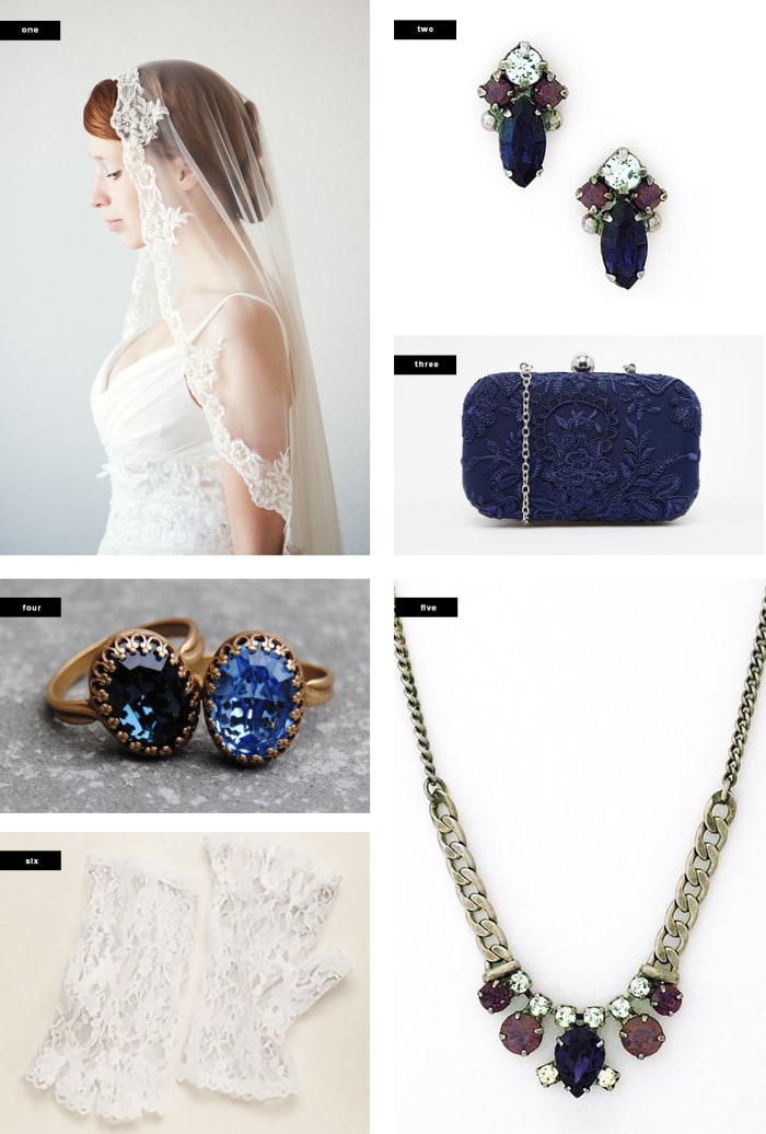 1. Etsy, $390 / 2. Perfect Details, $ 35 / 3. Asos, $55 / 4. Etsy, $27 / 5. Perfect Details, $80 / 6. David’s Bridal, $15