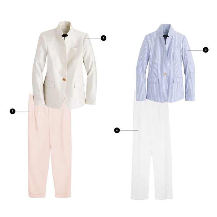 1. J.Crew, $178 / 2. Zara, $70 / 3. J.Crew, $178 / 4. Zara, $50