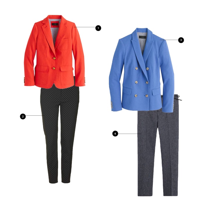 1. J.Crew, $178 / 2. Topshop, $68 / 3. J.Crew, $198 / 4. Zara, $50