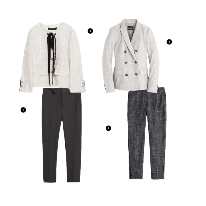 1. Zara, $149 / 2. Zara, $50 / 3. J.Crew, $238 / 4. J.Crew, $148