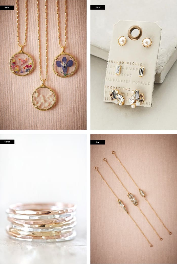 1. BHLDN, $140 / 2. Anthropologie, $38 / 3. Amy Waltz, #72 (for stack) / 4. BHLDN, $50