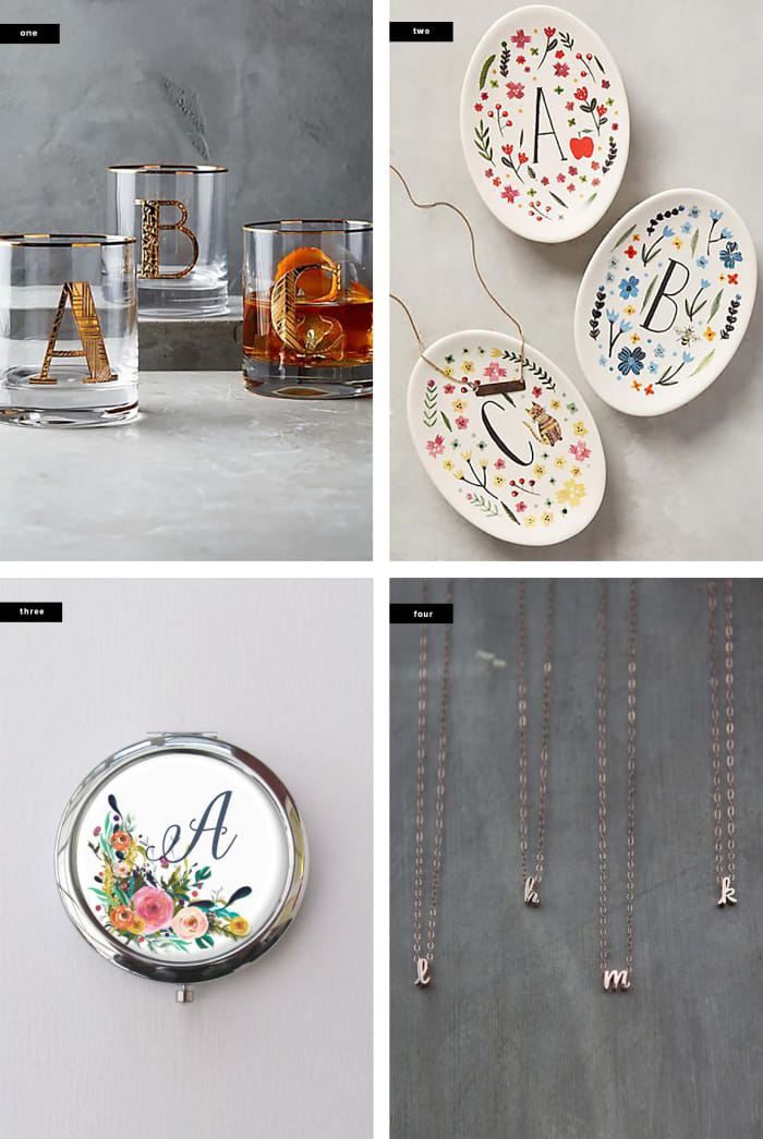 1. Anthropologie, $18 (each) / 2. Anthropologie, $12 (each) / 3. All About You Creations, $14 / 4. Deighan Designs, $24 (each)
