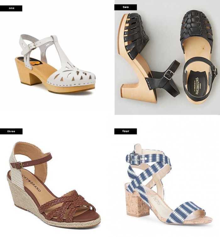 1. Swedish Hasbeens, $229 / 2. American Eagle Outfitters, $259 / 3. Lucky Brand, $69 / 4. Sole Society, $70
