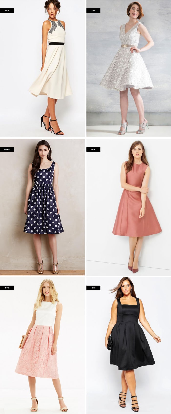 1. Asos, $106 / 2. ModCloth, $175 / 3. Anthropologie, $208 / 4. White House Black Market, $200 / 5. Oasis, $115 / 6. Asos, $68