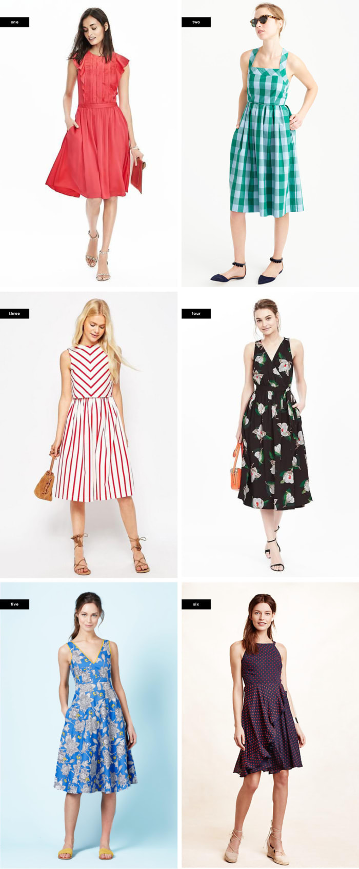 1. Banana Republic, $128 / 2. J.Crew, $138 / 3. Asos, $81 / 4. Banana Republic, $178 / 5. Boden, $138 / 6. Anthropologie, $158
