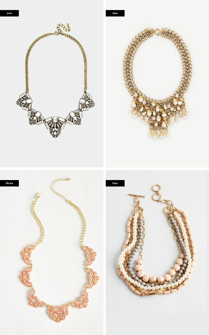 1. BaubleBar, $52 / 2. Ann Taylor, $90 / 3. ModCloth, $23 / 4. ModCloth, $25