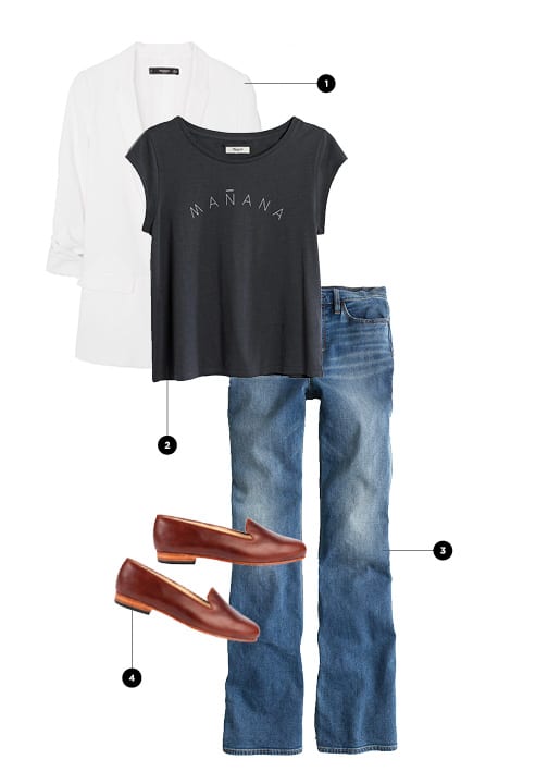 1. Mango, $120 / 2. Madewell, $32 / 3. J.Crew, $100 / 4. Nisolo, $148