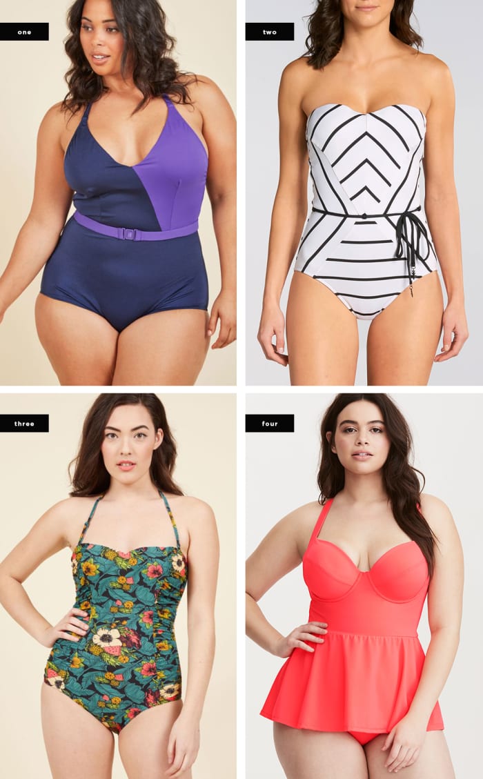 1. ModCloth, $66 / 2. Wala Swim, $202 / 3. ModCloth, $70 / 4. Torrid, $99