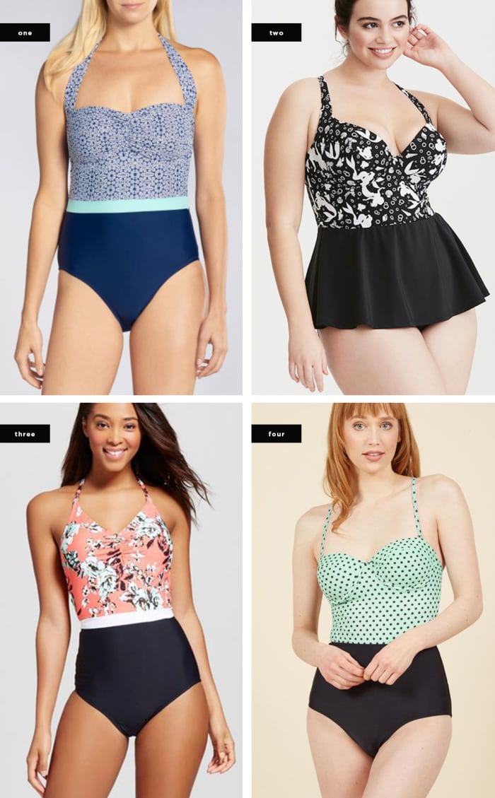 1. Wala Swim, $164 / 2. Torrid, $109 / 3. Target, $40 / 4. ModCloth, $80