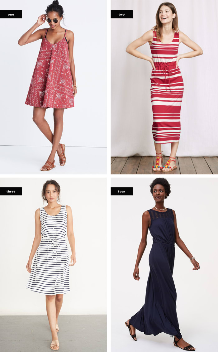 1. Madewell, $75 / 2. Boden, $85 / 3. Amour Vert, $128 / 4. Loft, $80
