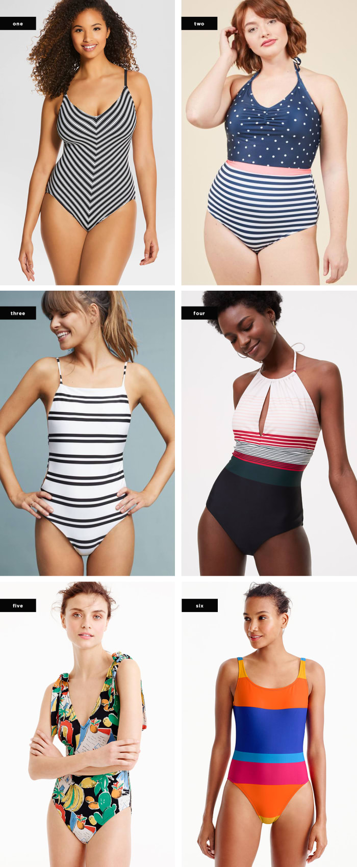 1. Target, $42 / 2. ModCloth, $50 / 3. Anthropologie, $120 / 4. Loft, $80 / 5. J.Crew, $128 / 6. Mara Hoffman, $225 (similar)