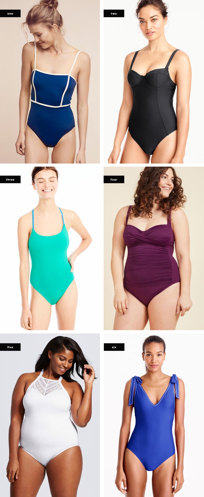 1. Wala Swim, $158 (Similar) / 2. J.Crew, $55 / 3. J.Crew, $110 / 4. ModCloth, $120 / 5. Target, $45 / 6. J.Crew, $55