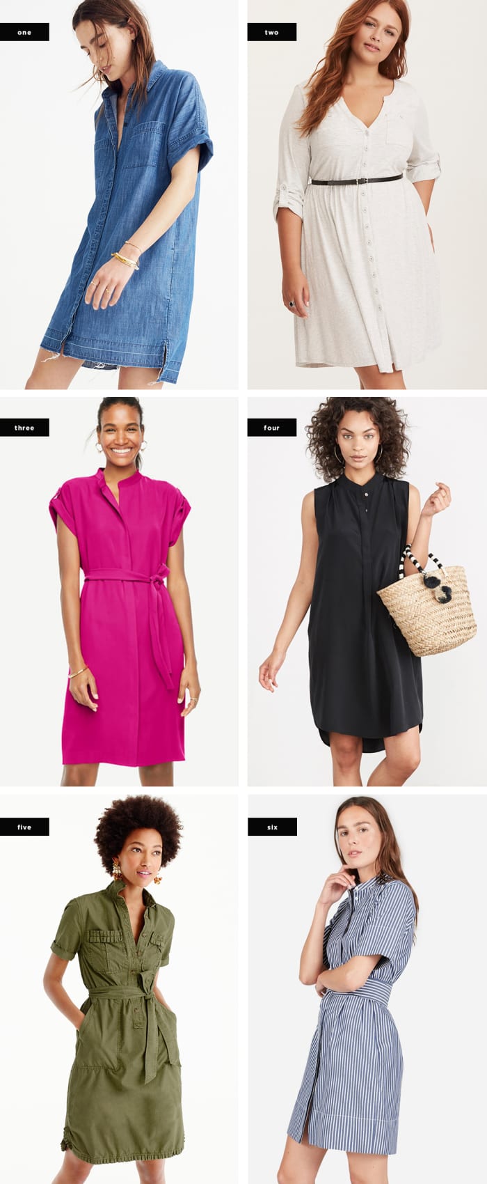 1. J.Crew, $70 (similar) / 2. Torrid, $45 / 3. Ann Taylor, $129 / 4. Amour Vert, $188 / 5. J.Crew, $80 / 6. Everlane, $75
