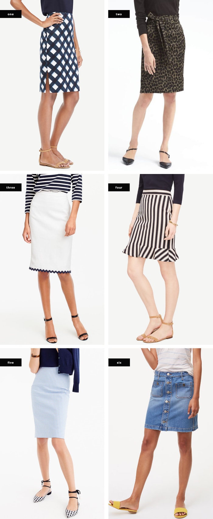 1. Ann Taylor, $80 / 2. Banana Republic, $62 / 3. J.Crew, $80 (similar) / 4. Ann Taylor, $50 / 5. J.Crew, $60 / 6. Loft, $50
