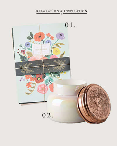 01. Rifle Paper Co. Journals // $15 02.Capri Blue Iridescent Jar Candle // $14-$30