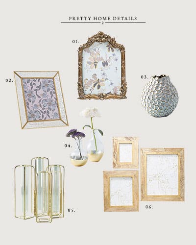 01. Victoria Frame // $26-$3402. Mercury Glass Frame // $26-$3203. Honeycomb Vase // $32-$4804. Shadow Bud Vase // $22-$2405. Staggered Vase // $2806. Sullivan Frame // $26-$58