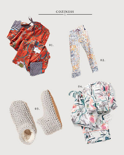 01. Victoria Garcia Sparrow Flannel Sleep Pants // $4802. Vikki Chu Pastoral Flannel Sleep Pants // $4803. Knit Sock Slippers // $3504. Malin Gyllensvaan Magnolia Flannel Sleep Pants // $48