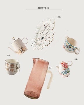 01. Papetal Floral Serving Tray // $4802. Michele Tea for Two Set // $3803. Soho Home x Anthropologie Barcelona Pitcher // $3804. Mason Tea for Two Set // $38