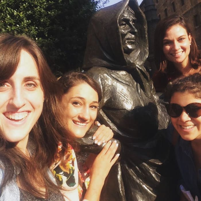 Therese and friends with La Gitana, one of the many sculptures dotting the streets in Oviedo, Spain.