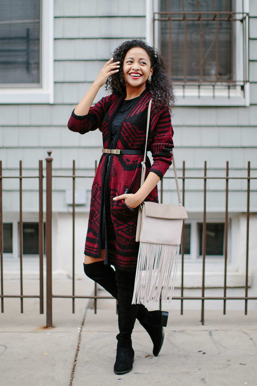 1. Cardigan, Oasis, $45 / 2. Skirt, Oasis, $72 / 3. Bag, Oasis, $27 (similar) / 4. Top, Mango, $18 / 4. Belt, Express, $15 / 5. Shoes, Urban Outfitters, $115 (similar)
