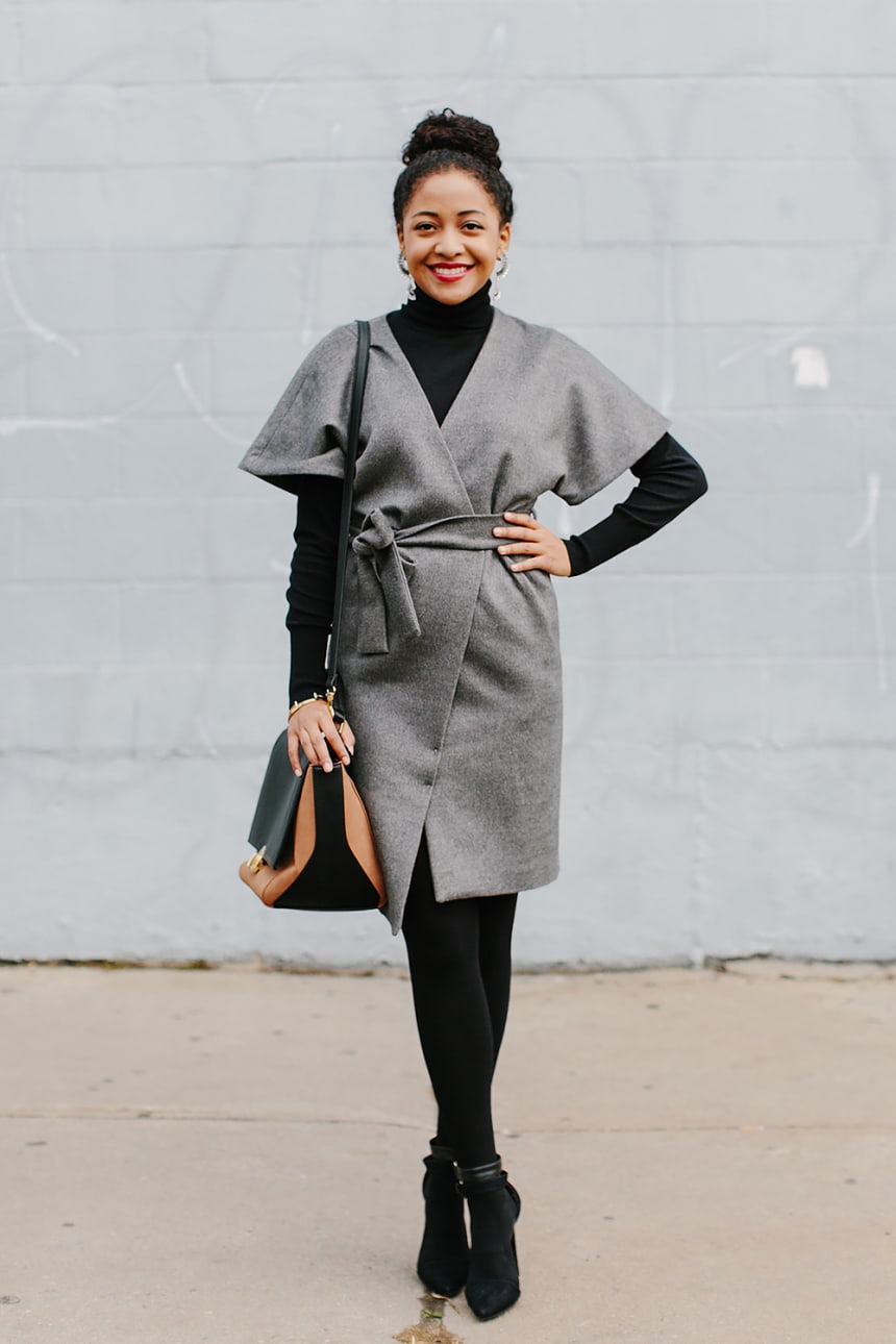 1. Dress, Oasis, $115 / 2. Turtleneck, Oasis, $65 / 3. Bag, Express, $35 / 4. Tights, Target, $10 / 5. Heels, Go Jane, $21