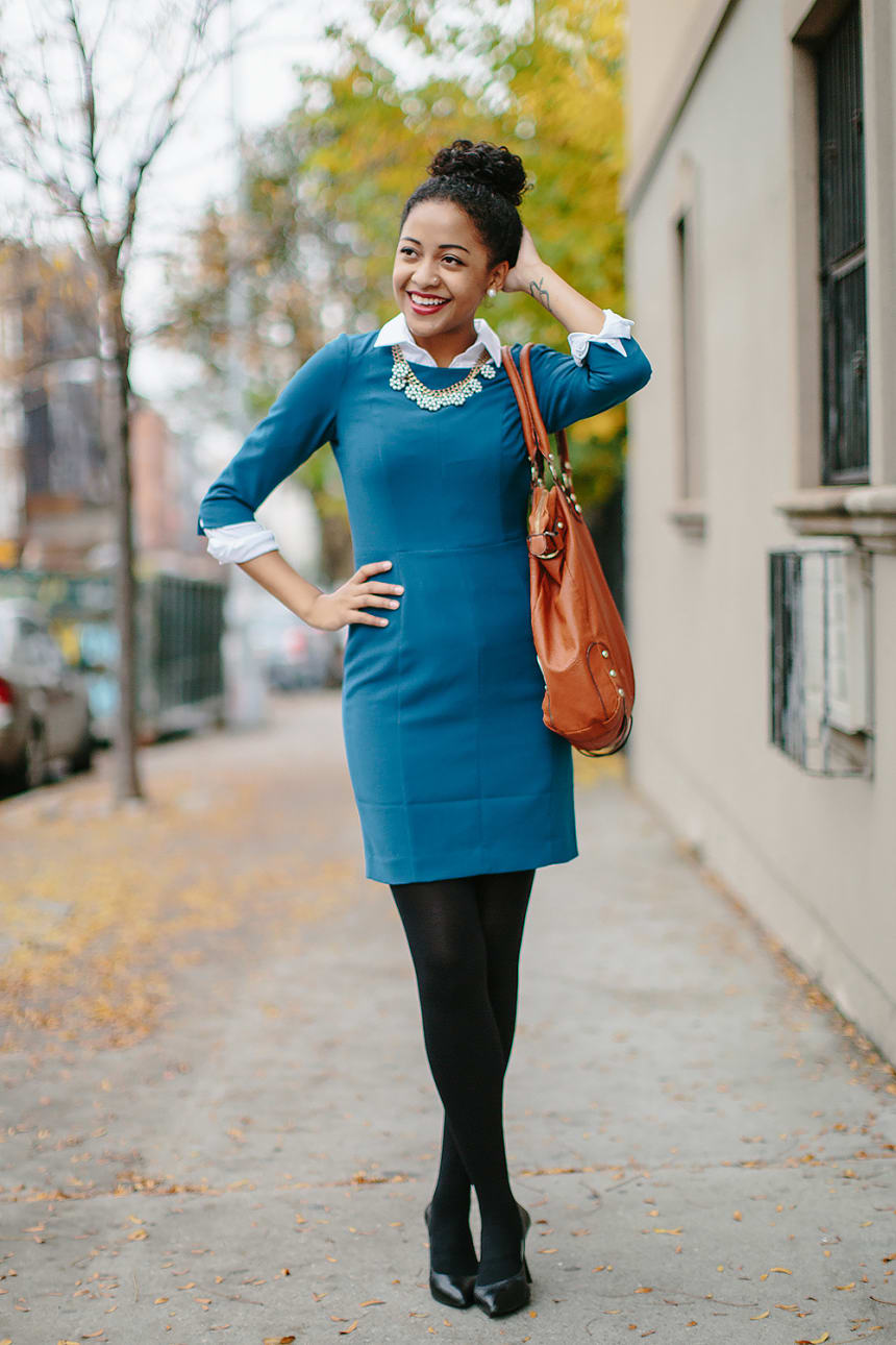 1. Dress, model’s own (similar) / 2. Oxford, Gap, $50 / 3. Tights, Target, $10 / 4. Heels, Asos, $124 (similar) / 5. Necklace, Accessory Concierge, $36