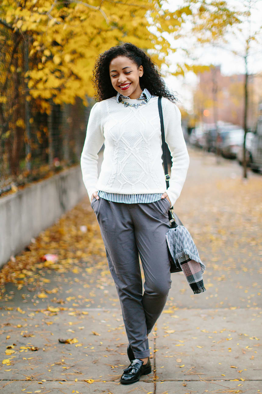 1. Sweater, Oasis, $63 / 2. Button-Up, J.Crew, $40 (similar) / 3. Pants, model’s own, (similar)