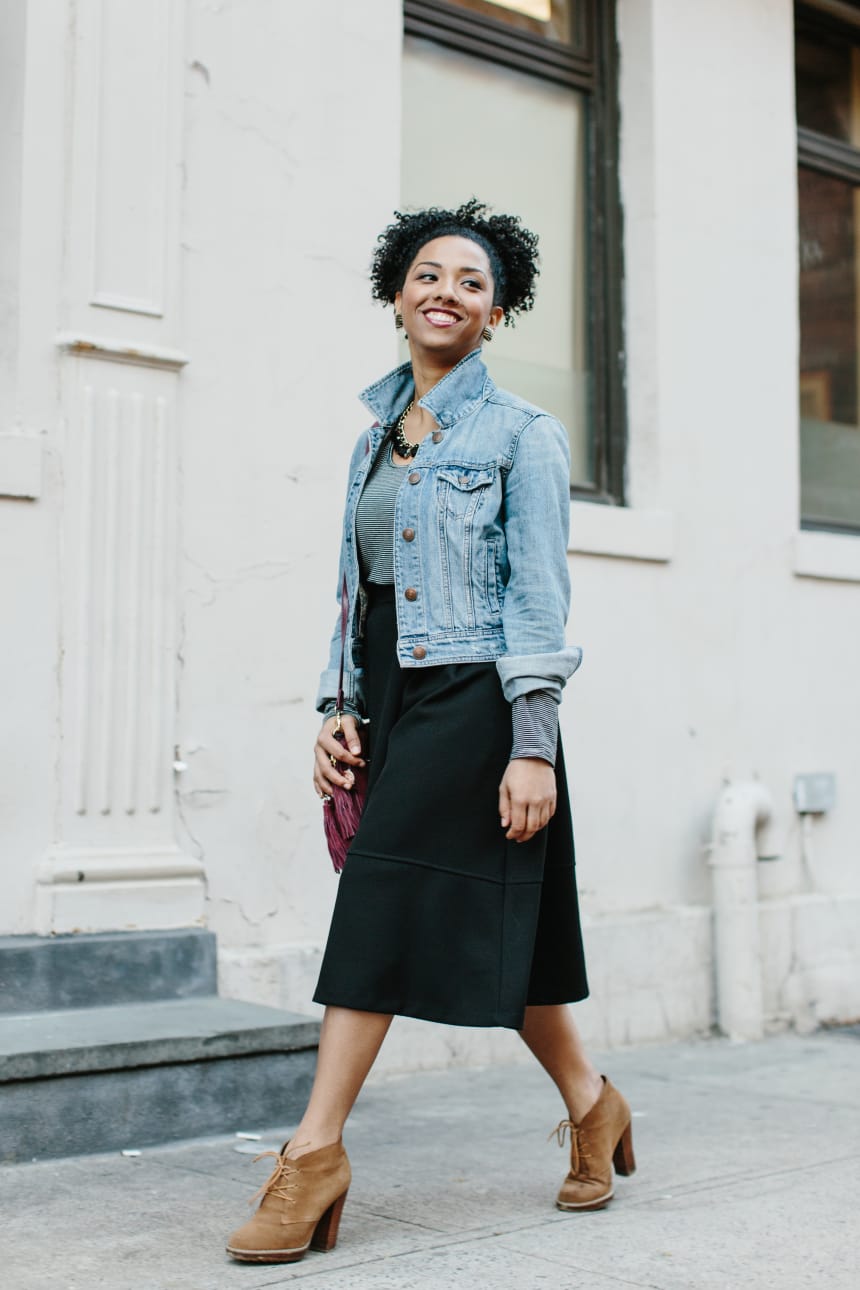 1. Denim jacket, American Eagle Outfitters, $70 / 2. Boots, Sole Society, $45 (similar) / 3. Skirt, ModCloth, $60 (similar) / 4. Bag, Oasis, $62 (similar) / 5. Jewelry, Model's Own