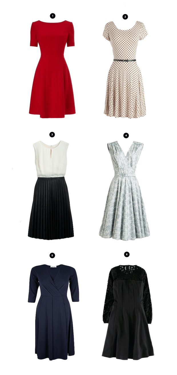 1. House of Fraser, $85 / 2. ModCloth, $49 / 3. J.Crew, $140 / 4. ModCloth, $170 / 5. House of Fraser, $64 / 6. Boden, $148