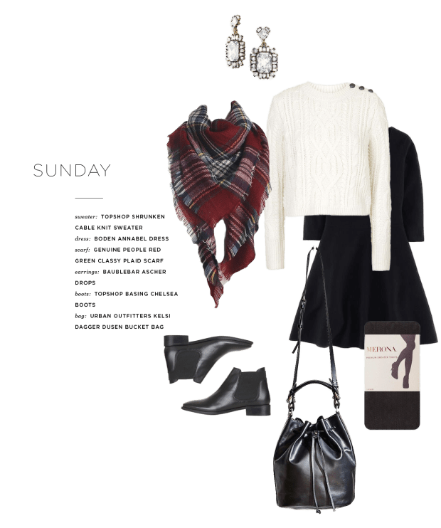 Sweater: Topshop, $75 / Dress: Boden, $149 / Tights: Target, $12 / Boots: Topshop, $65 / Scarf: Genuine People, $24 / Bag: Urban Outfitters, $188 / Earrings: BaubleBar, $34