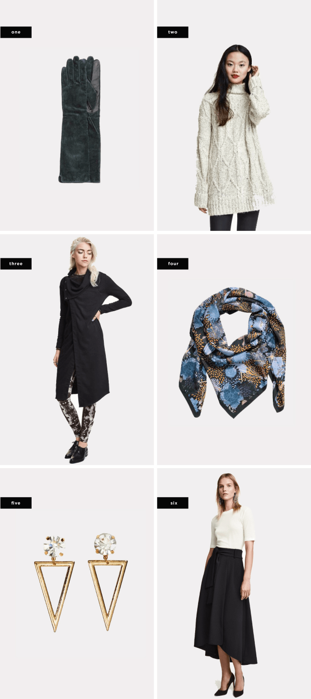 1. Suede Gloves, $35 / 2. Cable-Knit Turtleneck Sweater, $35 / 3. Long Sweatshirt Cardigan, $30 / 4. Patterned Scarf, $13 / 5. Earrings, $5 / 6. Pleated Skirt, $70