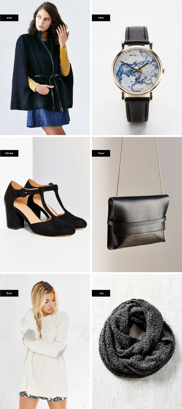 (Sale prices vary upon final purchase): 1. BB Dakota Zoey Cape Coat, $120 / 2. On the Map Leather Watch, $24 / 3. Lily T-Strap Heel, $79 / 4. Silence + Noise Hand Strap Crossbody Bag, $39 / 5. BDG Elbow Patch Sweater, $39 / 6. Variegated Cozy Eternity Scarf, $24