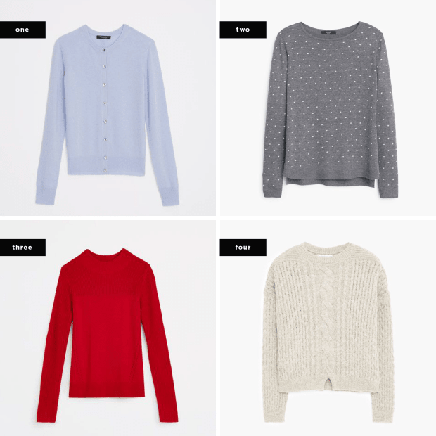 1. Ann Taylor, $189 / 2. Mango, $50 / 3. Ann Taylor, $30 / 4. Mango, $50
